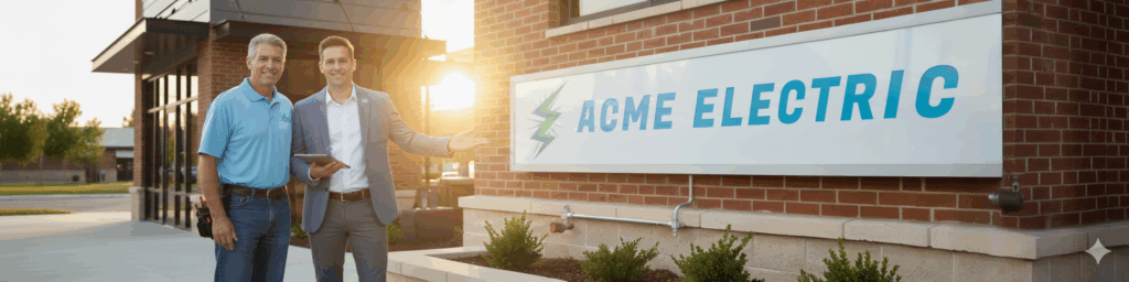 Lee and Mark outside of Acme Electric headquarters.