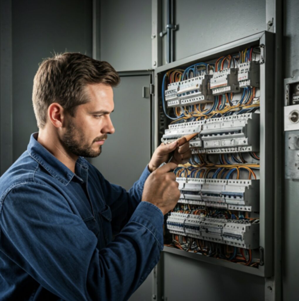 electrician working on circuit panel