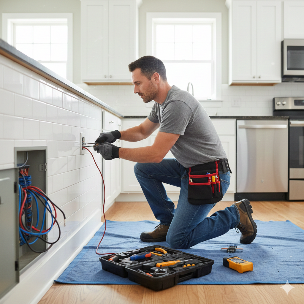 Mark installing an outlet in a residential kitchen.
